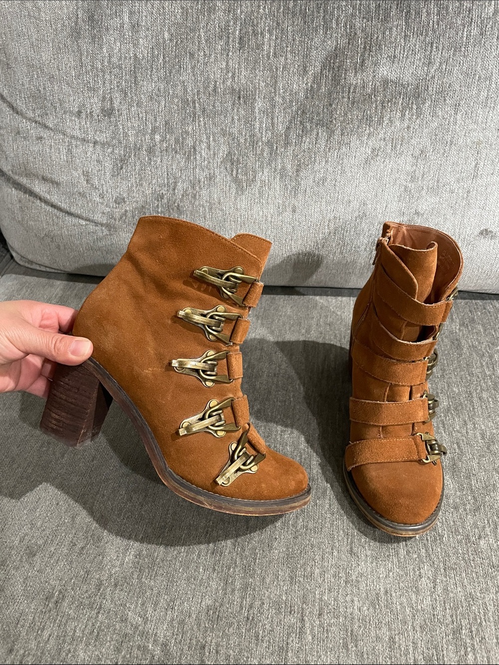 Jeffrey Campbell Climber Bootie Size 7.5 Brown Suede Ankle Bootie Brass Clips